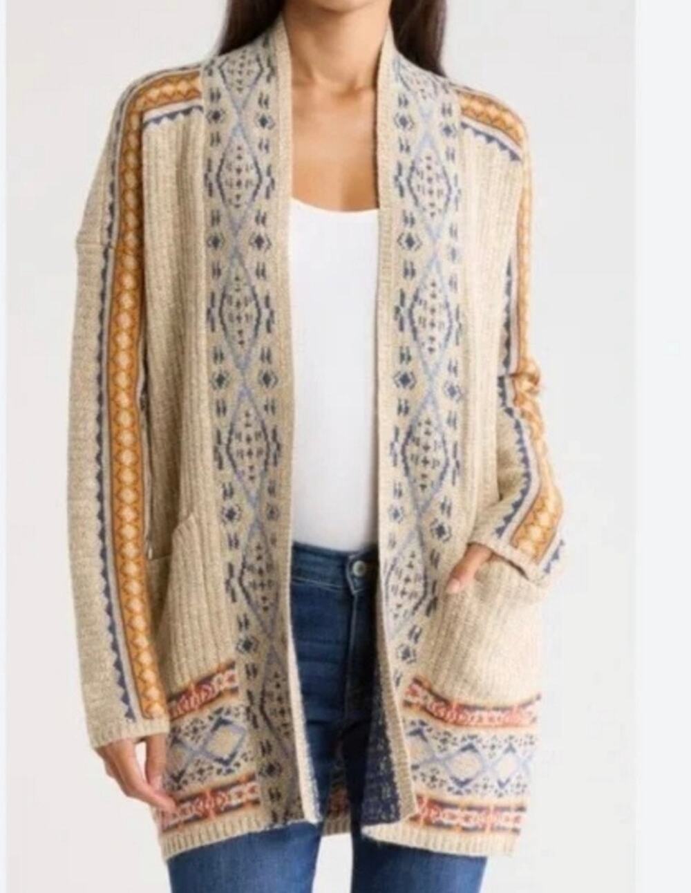 Lucky Brand Geometric Border Pocket Medium Cardigan Sweater Boho Cottge Western